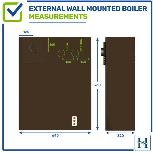 External Wall-Mounted oil boiler with measurements