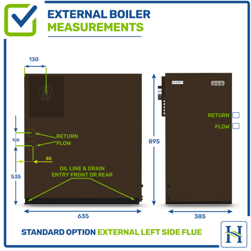 External boiler with left flue outlet, measurementsExternal boiler with left flue outlet, measurements