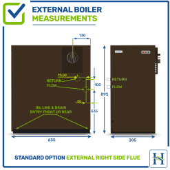 External boiler with right flue outlet, measurements